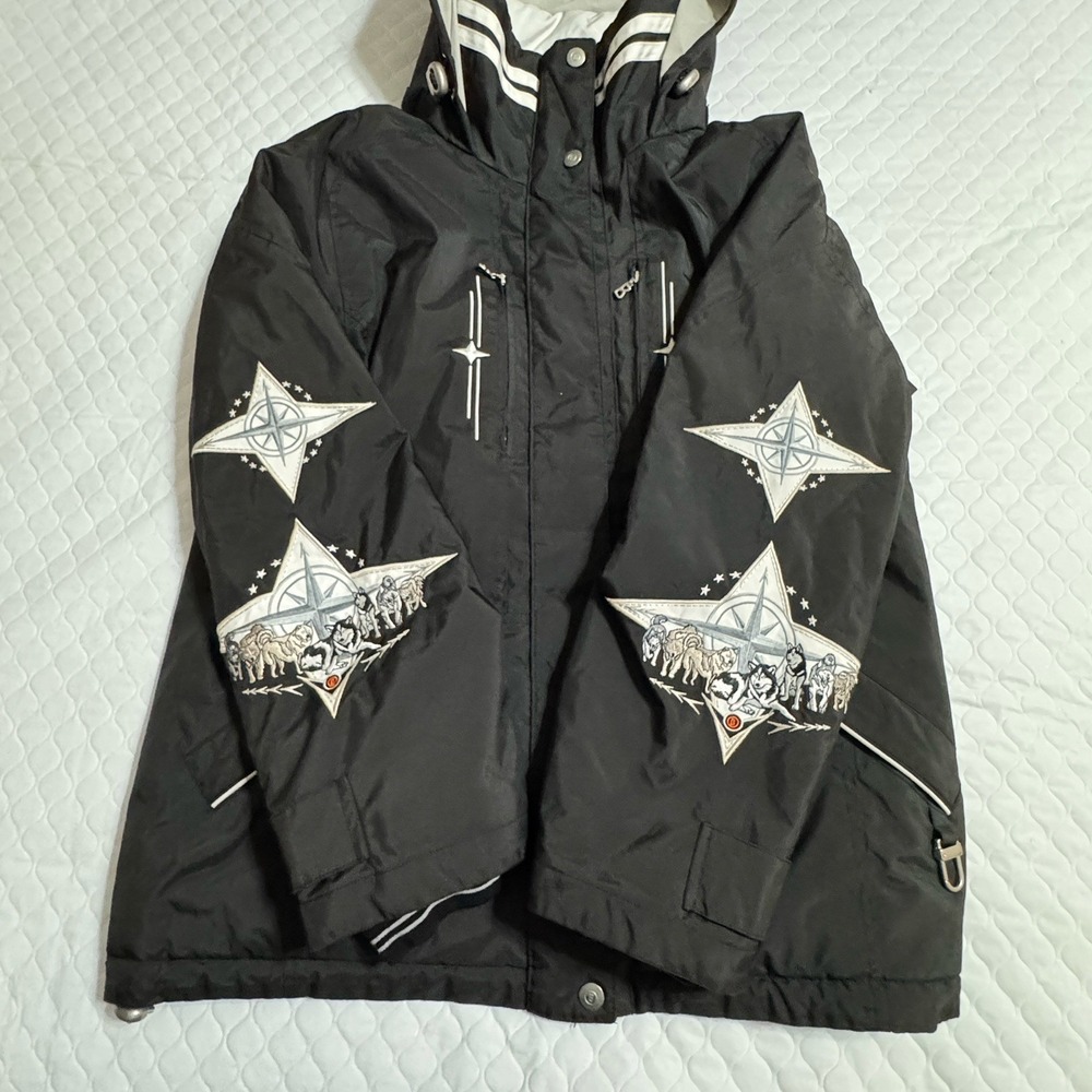 Vtg Bogner Goan Thylmann Embroidered Husky Dog Sled Arctic Black 10 Ski Jacket